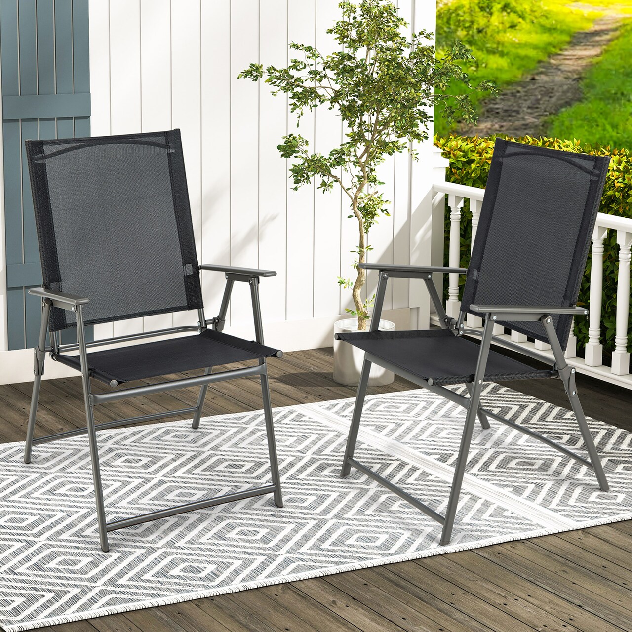 Costway 2pcs Patio Folding Portable Dining Chairs Metal Frame Armrests Garden Outdoor Black/Gray/White